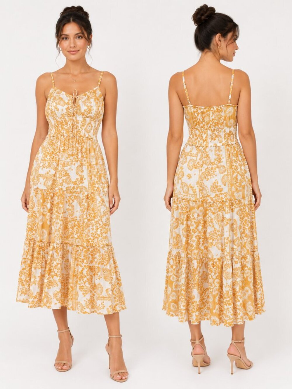 Trixxi Yellow Paisley Floral Patchwork Tiered Midi Dress Smocked Waist Womens M